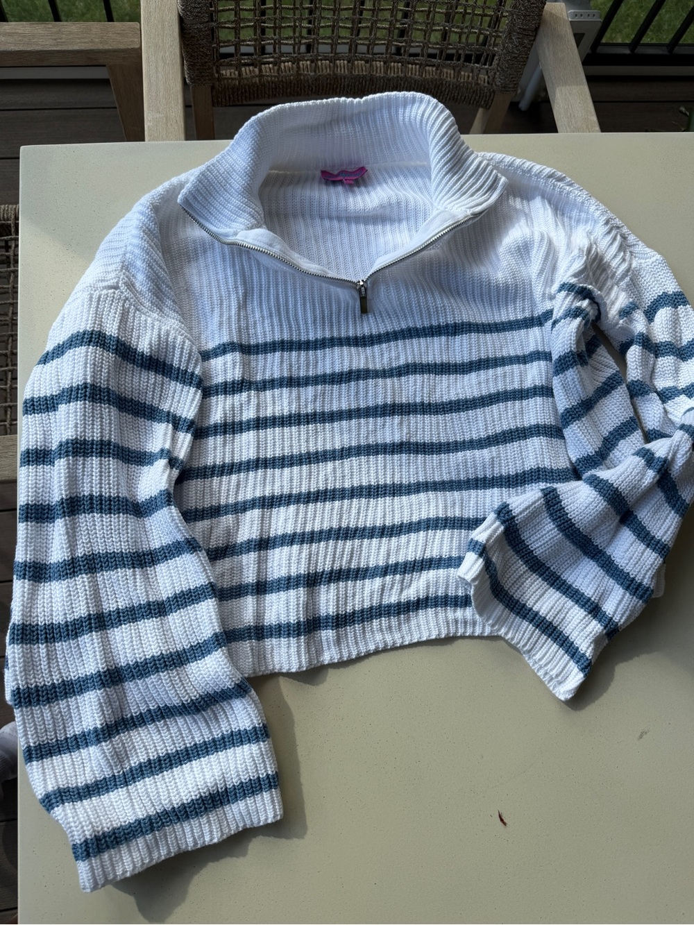 Edikted White and Blue Striped Half-Zip Cropped Sweater